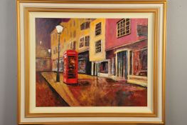 TIMMY MALLET (BRITISH CONTEMPORARY), 'Night Time Phonebox', a townscape of colourful houses and a