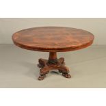 AN EARLY 19TH CENTURY ROSEWOOD CIRCULAR TILT TOP BREAKFAST TABLE, on a conical pedestal with tulip