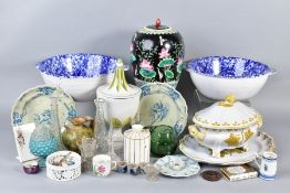 A QUANTITY OF 19TH AND 20TH CENTURY CERAMICS AND GLASSWARE, including faience, stoneware, etc (three