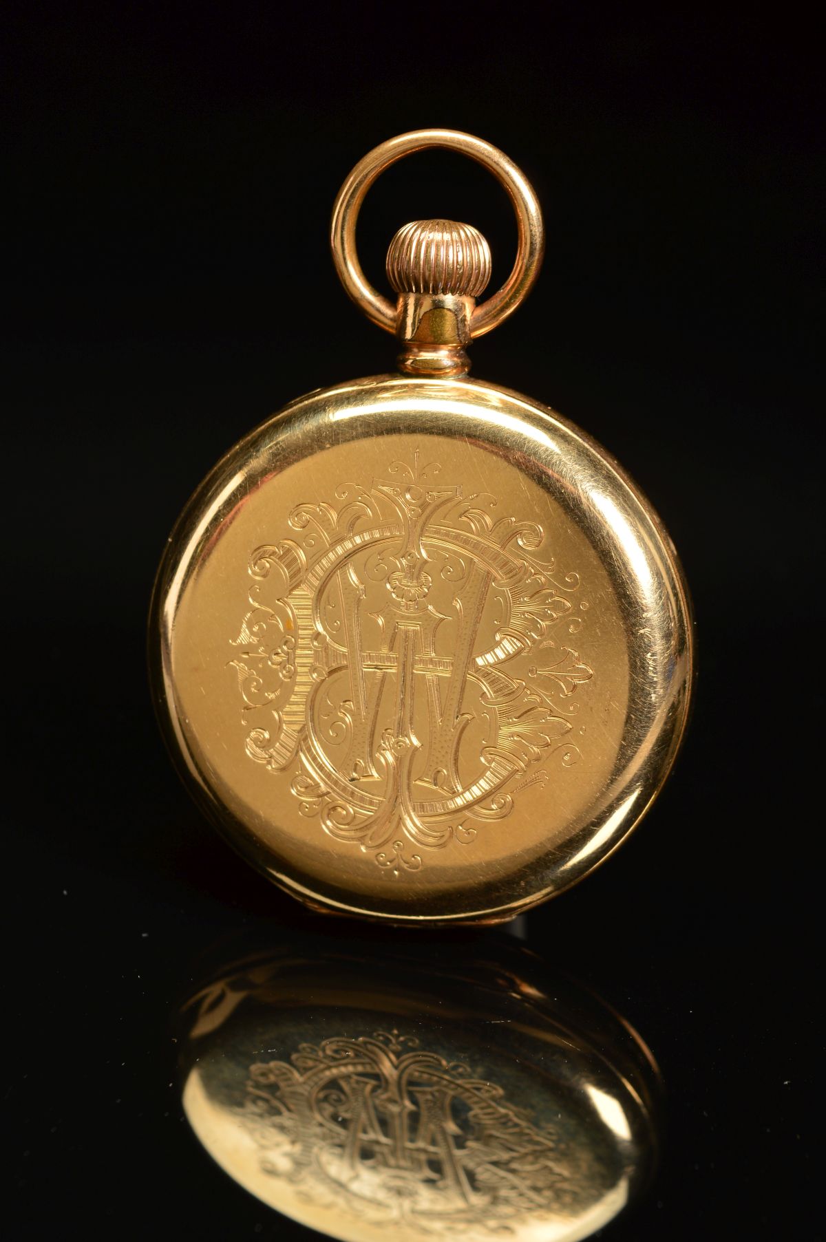 A 14K GOLD PLATED WALTHAM TOP WIND FULL HUNTER POCKET WATCH, engraved monogram to cover, enamel dial - Image 2 of 9