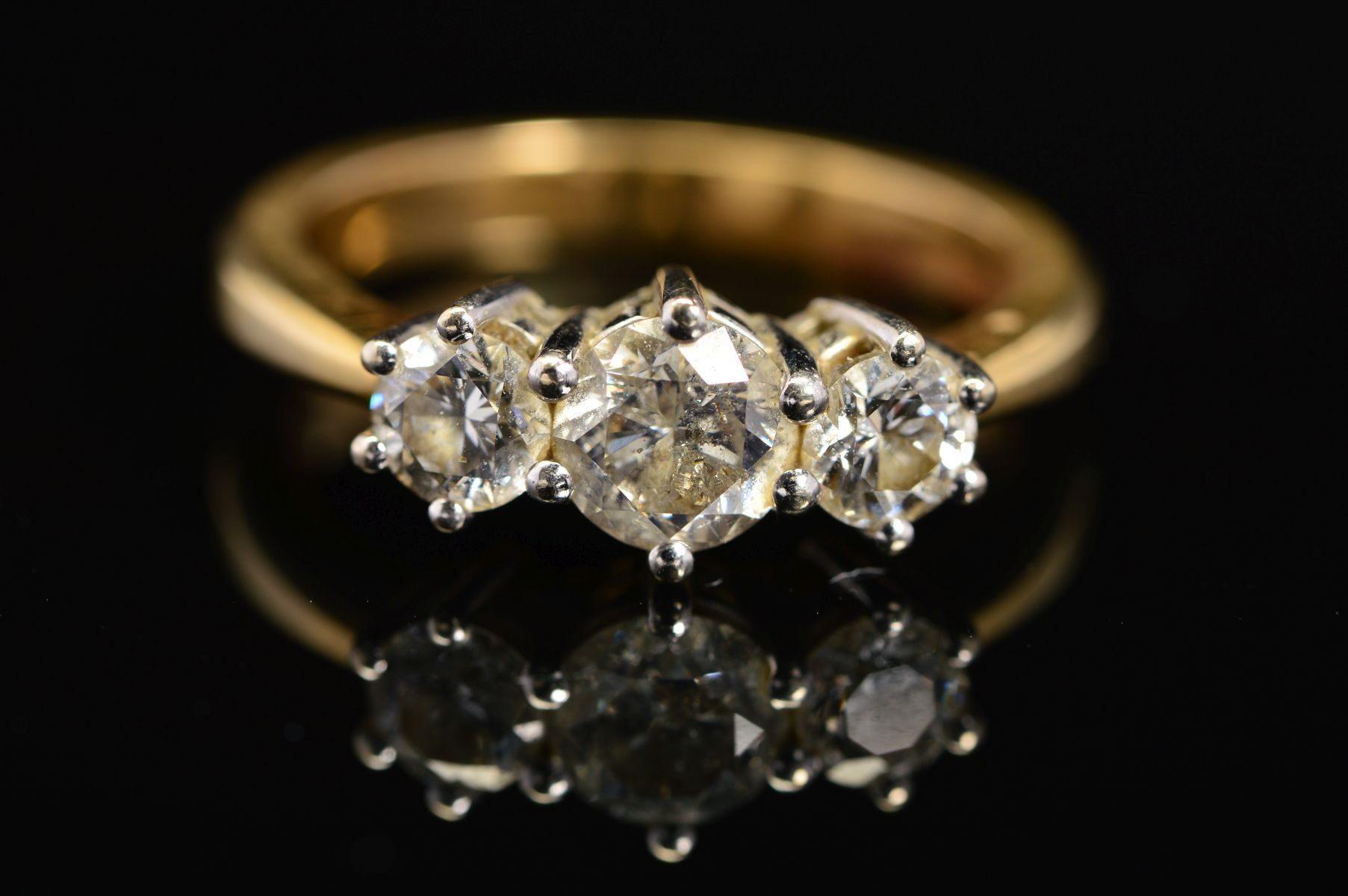 A MODERN 18CT GOLD THREE STONE DIAMOND RING, estimated total modern round brilliant cut weight 1. - Image 2 of 5