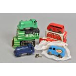 FOUR BOXED CHAD VALLEY MIDGET CLOCKWORK DIECAST VEHICLES, Coach in red, Esso Van in blue (with