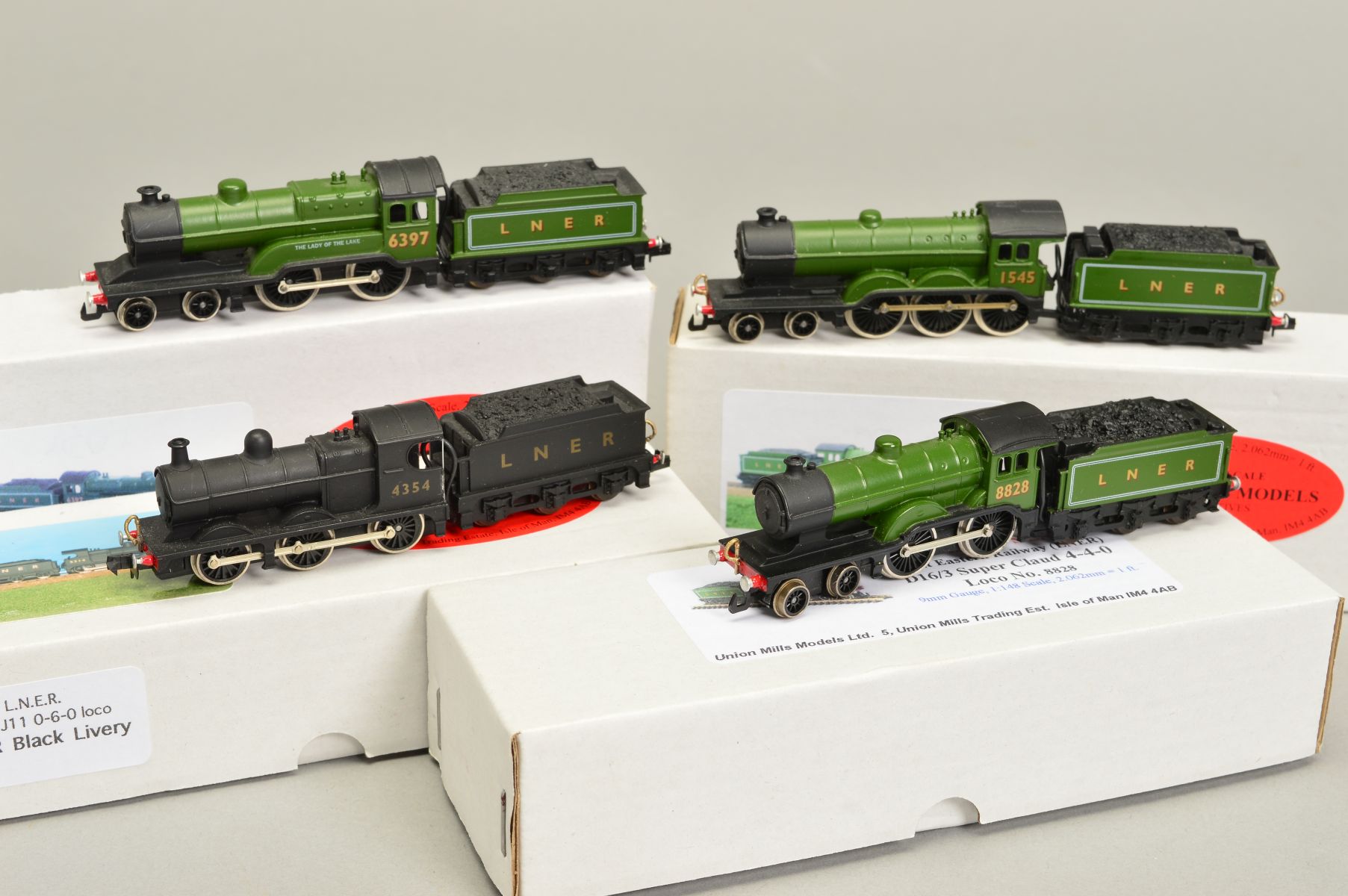 FOUR BOXED UNION MILLS N GAUGE L.N.E.R. LOCOMOTIVES, comprising Class B12/3, No.1545, Class D11, '