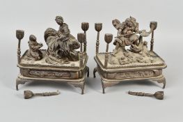A PAIR OF LATE 19TH CENTURY JAPANESE FIGURAL BRONZE FOUR BRANCH CANDLEHOLDERS, both of rectangular