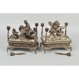 A PAIR OF LATE 19TH CENTURY JAPANESE FIGURAL BRONZE FOUR BRANCH CANDLEHOLDERS, both of rectangular
