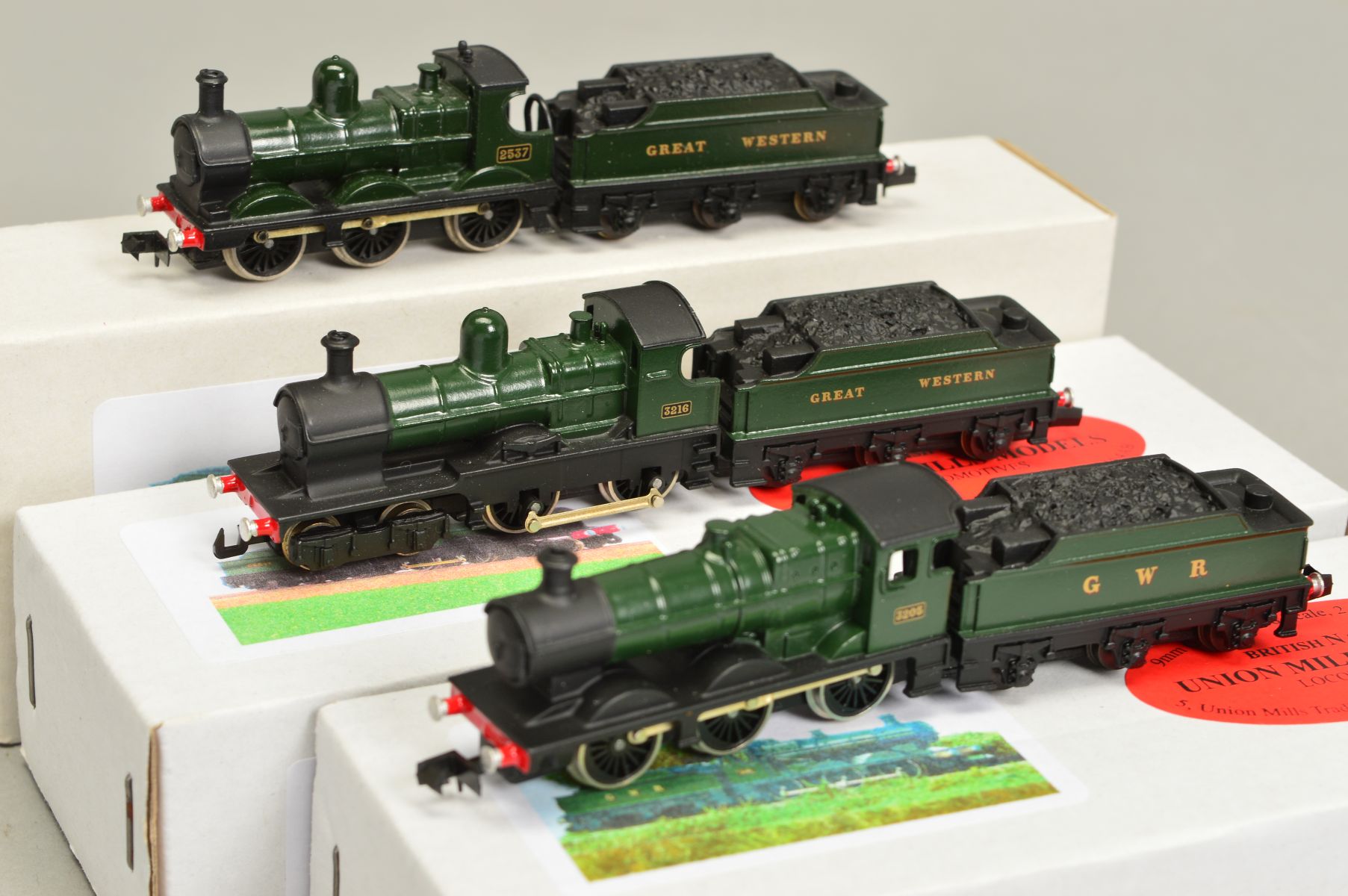 THREE BOXED UNION MILLS N GAUGE G.W.R. LOCOMOTIVES, Collett Goods, No.3205, Dean Goods, No.2537 &