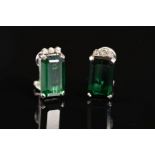 A PAIR OF TOURMALINE AND DIAMOND EARRINGS, post and omega clip fittings, two emerald cut dark