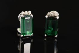 A PAIR OF TOURMALINE AND DIAMOND EARRINGS, post and omega clip fittings, two emerald cut dark
