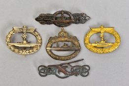 FIVE BADGES AND CLASPS, of German WWII Kreigsmarine U boat interest consisting of gold coloured U