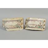 A PAIR OF 18TH CENTURY FAIENCE ROUNDED CORNER FIREPLACE TILES/BRICKS, both painted with landscapes