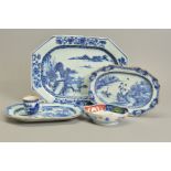 THREE LATE 18TH / EARLY 19TH CENTURY CHINESE EXPORT BLUE AND WHITE PORCELAIN MEAT PLATTERS,