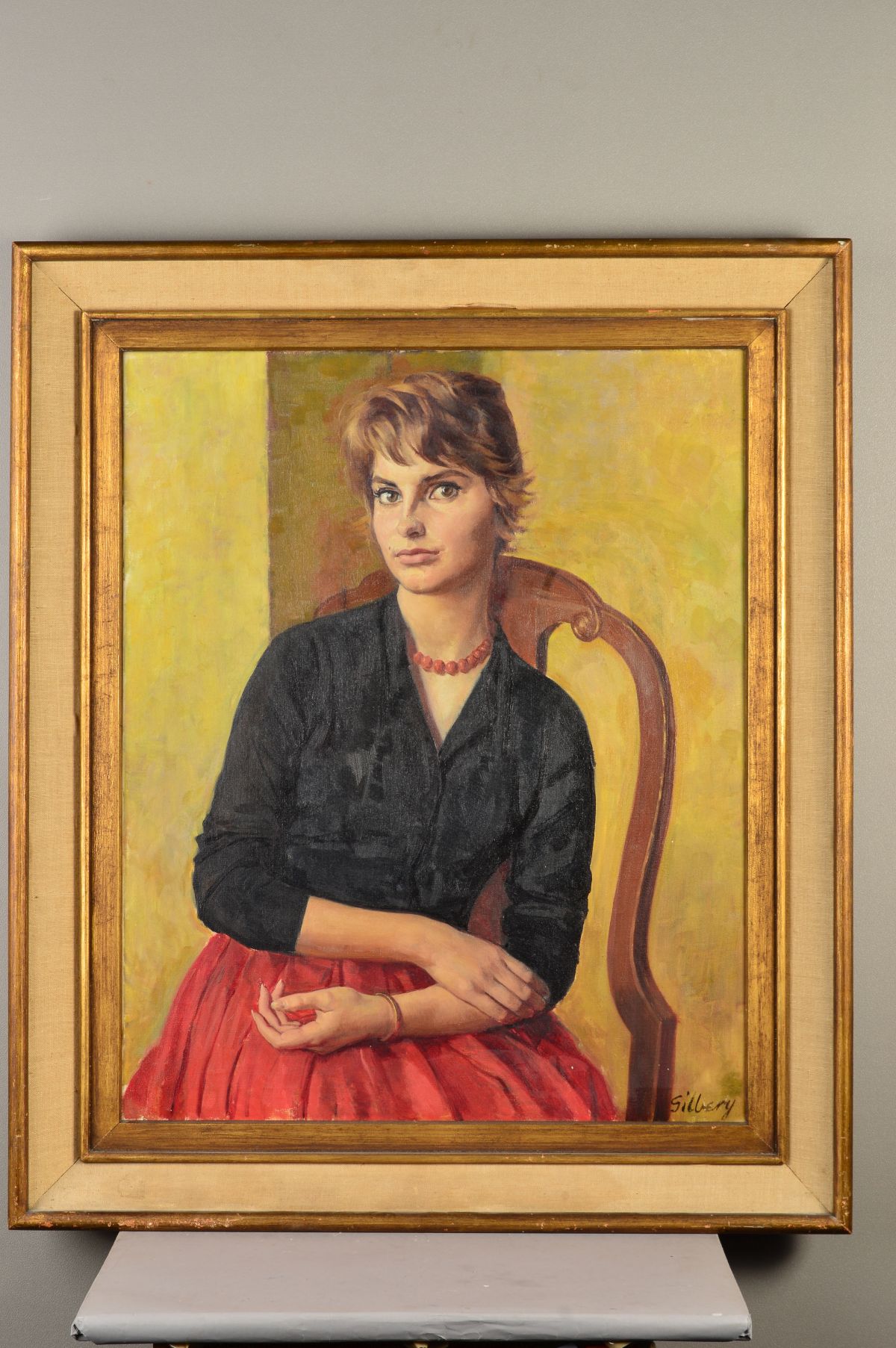 MICHAEL GILBERY (BRITISH 1913-2000), 'Christine', a three quarter length portrait of a seated - Image 3 of 8