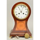 A LATE 19TH CENTURY MAHOGANY AND SATINWOOD INLAID BALLOON SHAPED MANTEL CLOCK, the circular enamel