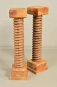 A PAIR OF WOODEN JARDINIERE STANDS, the square block elm tops above spiral turned columns, block