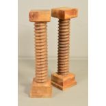 A PAIR OF WOODEN JARDINIERE STANDS, the square block elm tops above spiral turned columns, block