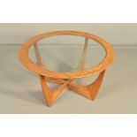 A CIRCULAR G PLAN ASTRO TEAK AND GLASS TOPPED COFFEE TABLE, diameter 84cm x height 46cm (