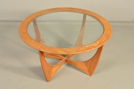 A CIRCULAR G PLAN ASTRO TEAK AND GLASS TOPPED COFFEE TABLE, diameter 84cm x height 46cm (