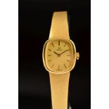A LADIES OMEGA CUSHION SHAPED MECHANICAL WRISTWATCH, champagne dial with gold coloured batons,
