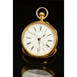 AN 18CT GOLD CENTRE SECONDS OPEN FACED POCKET WATCH, white Roman numeral dial, approximate 54mm 18ct