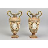 A PAIR OF LATE 19TH CENTURY VILLEROY & BOCH METTLACH TWIN HANDLED BALUSTER VASES, glazed rims and