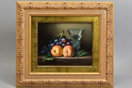 BRIAN DAVIES (BRITISH 1942-2014), a still life study of fruit and a German hock glass, oil on