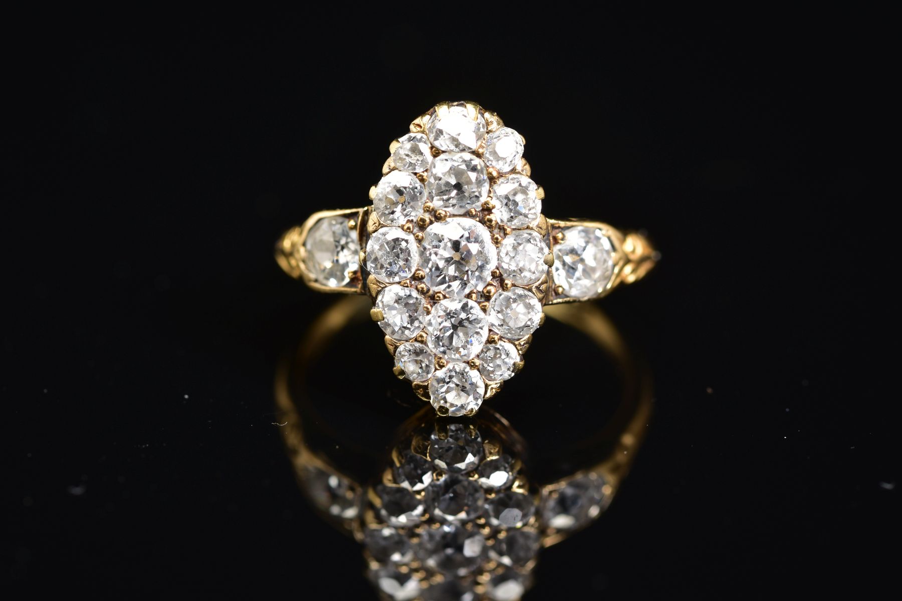 A VICTORIAN GOLD NAVETTE SHAPED DIAMOND CLUSTER RING, estimated old European cut diamond weight 1. - Image 2 of 5
