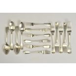 A MATCHED SET OF GEORGE III TO VICTORIAN FIDDLE PATTERN FLATWARE, all engraved with initial 'K',