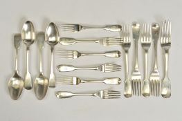 A MATCHED SET OF GEORGE III TO VICTORIAN FIDDLE PATTERN FLATWARE, all engraved with initial 'K',