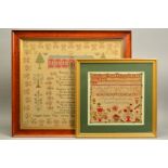 AN EARLY VICTORIAN NEEDLEWORK SAMPLER, floral border surrounding trees and vases of flowers, red