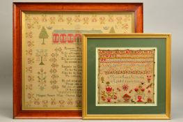 AN EARLY VICTORIAN NEEDLEWORK SAMPLER, floral border surrounding trees and vases of flowers, red