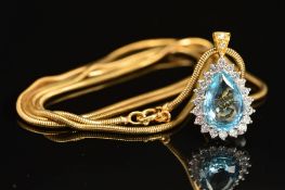 A MODERN PEAR SHAPE AQUAMARINE AND DIAMOND CLUSTER PENDANT AND CHAIN, a pear shape aquamarine