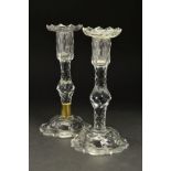 A PAIR OF GEORGE III GLASS CANDLESTICKS, circa 1760-70, removable sconces, facet cut stems to