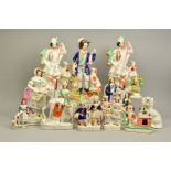A COLLECTION OF 19TH CENTURY STAFFORDSHIRE POTTERY FIGURES, including a Walton type figure of a girl