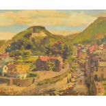 MICHAEL GILBERY (BRITISH 1913-2000), a British town at the foot of a hill range, oil on canvas,