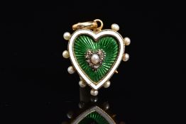 A LATE VICTORIAN ENAMEL, PEARL AND DIAMOND MEMORIAL HEART PENDANT, designed as a central seed
