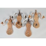 A SET OF 18TH/19TH CENTURY CARVED TREEN AND WROUGHT IRON TWO BRANCH GIRANDOLES, with hanging loops