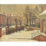 MICHAEL GILBERY (BRITISH 1913-2000), a winter's day on a suburban street, oil on canvas, signed