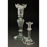 A GEORGE III GLASS CANDLESTICK, circa 1760, detachable sconce above facet cut tapering stem, on a