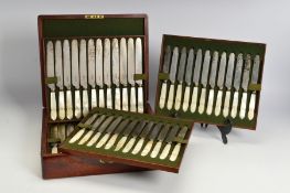 A 19TH CENTURY MAHOGANY CASED SET OF MOTHER OF PEARL HANDLED CUTLERY, comprising twenty four table