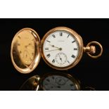 A 14K GOLD PLATED WALTHAM TOP WIND FULL HUNTER POCKET WATCH, engraved monogram to cover, enamel dial