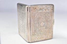 A LATE VICTORIAN SILVER CARD CASE OF RECTANGULAR FORM, foliate and geometric engraved decoration