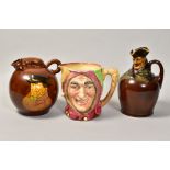 TWO ROYAL DOULTON KINGSWARE FLASKS, one being of globular body decorated with a Huntsman and