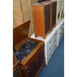 A DYNATRON SRX 60 RADIOGRAM in a burr walnut cabinet with a pair of matching cased speakers, width