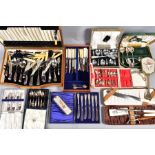 A BOXED OF CASED CUTLERY, including white metal coffee spoons, oak cased canteen, and two petit