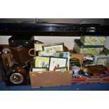 THREE BOXES AND LOOSE SUNDRY ITEMS, PICTURES, ETC, to include Enfield mantel clock (key and