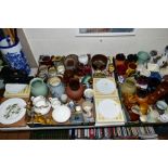 FOUR BOXES AND LOOSE CERAMICS, WALKING STICKS ETC, to include a walking cane with a gold plated top,
