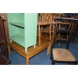A PAIR OF MID CENTURY LIGHT OAK COFFEE TABLES, 69cm square x height 34cm, a wicker bookshelf and