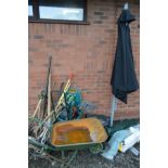 A WIND UP BANANNA PARASOL (sd) together with a boxed 1.5m hexagonal gazebo, two folding camping