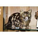 A WINSTANLEY TABBY CAT, lying, signed to base and No5, length 28cm