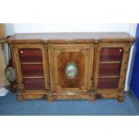 A VICTORIAN AMBOYNA, WALNUT AND FOLIATE INLAID MIRROR BACK CREDENZA, the mirror back with a gilt